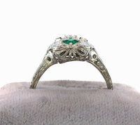18k 3-Stone Diamond Filigree Ring with Synthetic Lab-Created Emeralds (#J5827)