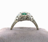 18k 3-Stone Diamond Filigree Ring with Synthetic Lab-Created Emeralds (#J5827)
