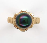 18k Yellow Gold Tahitian Black Pearl Ring with Diamonds (#J6340)