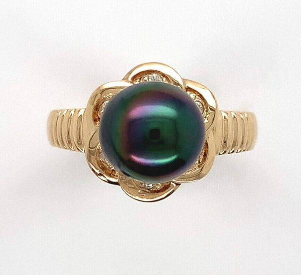 18k Yellow Gold Tahitian Black Pearl Ring with Diamonds (#J6340)