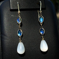 14k Gold Pair of Genuine Natural Moonstone Dangle Briolette Earrings (#J6707)