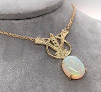 14k Yellow Gold Art Deco Style 8ct Genuine Natural Opal Necklace (#J6098)
