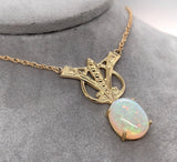 14k Yellow Gold Art Deco Style 8ct Genuine Natural Opal Necklace (#J6098)