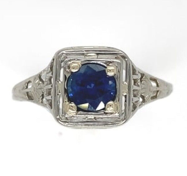18k Gold Filigree Ring with .57ct Genuine Natural Sapphire Art Deco (#J6405)
