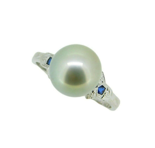 Art Deco 18k Gold 9mm Tahitian Grey Pearl Ring w/ Lab-Created Sapphires (#J4577)