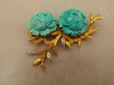 Elegant 14k Gold Carved Genuine Natural Turquoise Flower Pin (#J452)