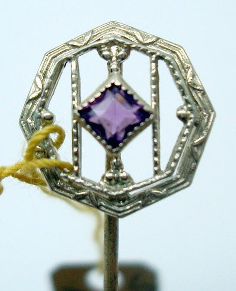 10K Gold Art Deco Stick Pin with Genuine Natural Amethyst (#J2689)