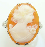 10K Gold Art Deco Oval Genuine Natural Cameo Ring with Woman'S Profile (#J2889)