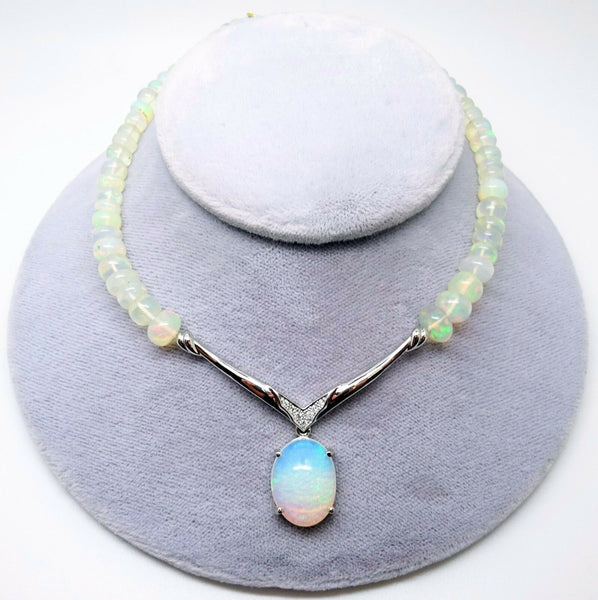 Genuine Natural Opal Necklace with Diamonds & 14k White Gold Clasp (#C3268)
