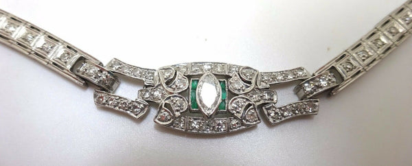 Art Deco Platinum Genuine Natural Diamond Bracelet with Emeralds (#J3489)