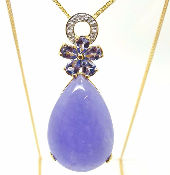 10k Gold Huge Genuine Lavendar Jade Pendant with Tanzanites (#C3650)