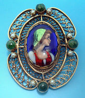 14K Gold French Enamel Brooch with Seed Pearls and Agates (#J2951)