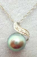 14K 8Mm Freshwater Black Pearl Pendant with Diamonds (#J3029)