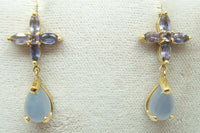 14K Gold Genuine Natural Chalcedony and Tanzanite Dangle Earrings (#J3086)