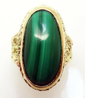 14K Yellow Gold Oval Genuine Natural Malachite Ring (#J3264)