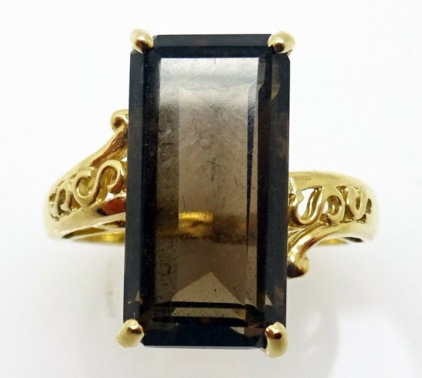 10k Gold Emerald Cut Genuine Natural Smoky Quartz Ring (#J3475)