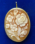 18k Gold Oval Genuine Shell Cameo Pin / Pendant w/Floral Bouquet (#J3616)