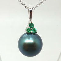 14k Gold 8.8MM Tahitian Black Pearl Pendant with Emeralds (#J3646)
