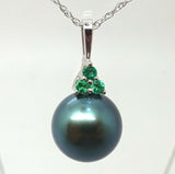 14k Gold 8.8MM Tahitian Black Pearl Pendant with Emeralds (#J3646)