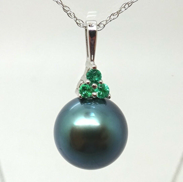 14k Gold 8.8MM Tahitian Black Pearl Pendant with Emeralds (#J3646)