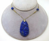 14k Gold Art Deco Carved Genuine Natural Lapis Necklace (#J3649)