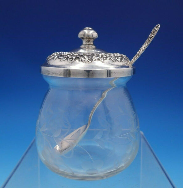 Repousse by Kirk Sterling Silver Glass Jelly Jar and Jelly Spoon #20F (#4909)