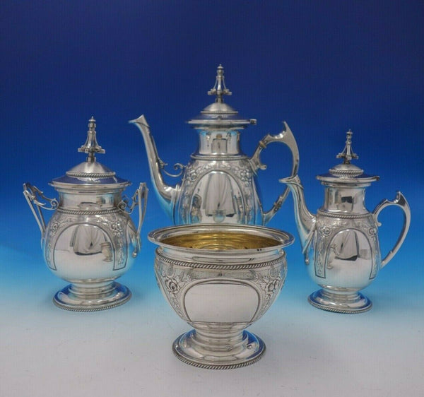 Wood and Hughes Coin Silver Tea Set 4pc 3-D Finial Repoussed Flowers (#4942)