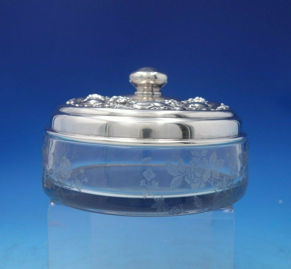 Hunt Sterling Silver Jar w/Stenciled Roses Butterfly and Chrysanthemum Lid #5319