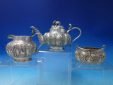 India Sterling Silver Tea Set 3pc w/Birds Cobra Handle Elephant Finial (#5477)
