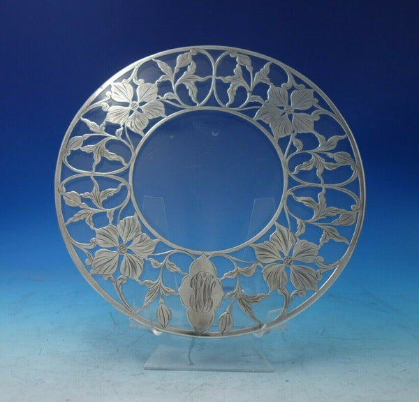 Glass Trivet Plate with Sterling Silver Flower Motif Overlay 9 3/4" (#5497)