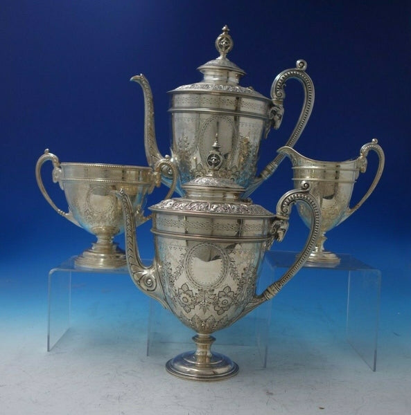 JD and S Silverplate Tea Set 4pc Acanthus Leaves Ram Handles Lion Finial (#5505)