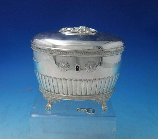 Swedish Sterling Silver Tea Caddy Leaf Border Footed Lion Paws with Key (#5523)