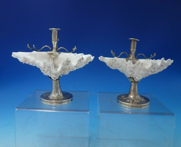 English Victorian Sterling Silver Chamber Stick Pair with Seashells (#5598)