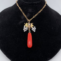 14k Yellow Gold Coral and Pearl Grape Victorian Pendant (#J5598)
