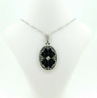 14k White Gold Art Deco Carved Genuine Natural Onyx Filigree Pendant (#J4377)