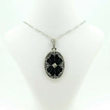 14k White Gold Art Deco Carved Genuine Natural Onyx Filigree Pendant (#J4377)