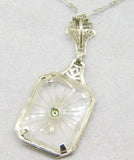 14k Filigree Art Deco Genuine Natural Rock Crystal Pendant with Diamond (#J4274)