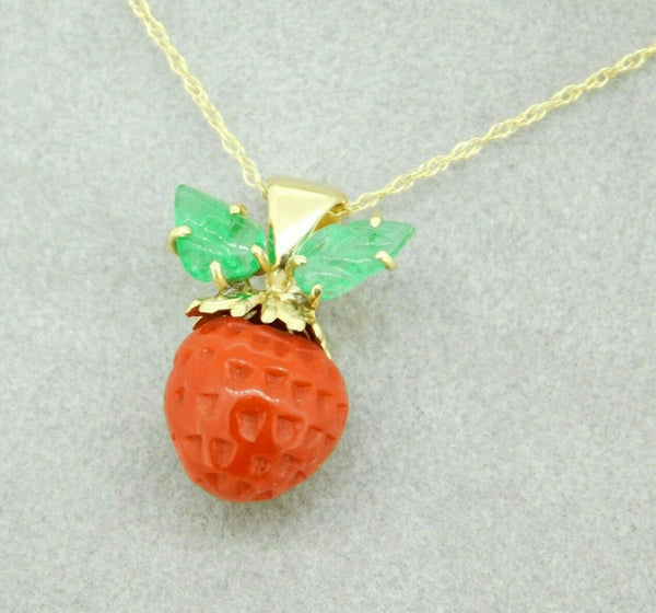 14k Yellow Gold Coral Strawberry Pendant Carved Emerald Leaves (#J4444)