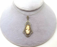 10k Gold Filigree Genuine Natural Cameo Pendant with 14k Gold Chain (#J3547)