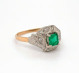 14k Gold Genuine Natural Emerald and Diamond Vintage Engraved Ring (#J4832)