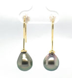 18k Yellow Gold 10mm Tahitian Silver Pearl Drop Earrings Jewelry (#J6120)