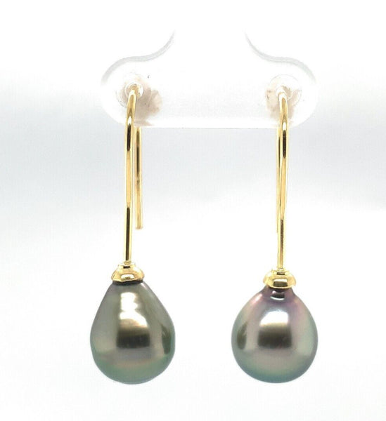 18k Yellow Gold 10mm Tahitian Silver Pearl Drop Earrings Jewelry (#J6120)
