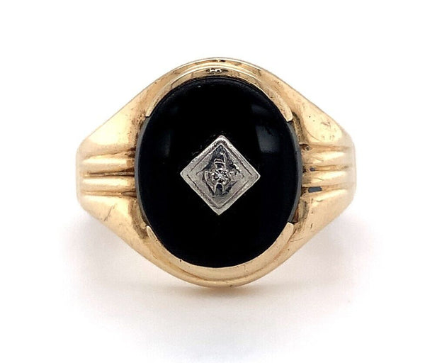 10k Yellow Gold Men's Genuine Natural Black Onyx and Diamond Ring (#J5861)