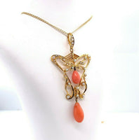14k Yellow Gold Coral Briolette Victorian Lavaliere Necklace (#J5501)
