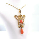14k Yellow Gold Coral Briolette Victorian Lavaliere Necklace (#J5501)