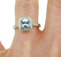 10k White Gold Cushion Genuine Natural Aquamarine and Diamond Halo Ring (#J4729)