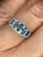18k White Gold Aquamarine and Synthetic Sapphire Filigree Deco Ring (#5284)