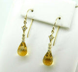 14k Gold Briolette Genuine Natural Citrine and Diamond Drop Earrings (#J4475)