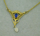 10k Yellow Gold Lavaliere Pendant Blue Glass Stone and Pearls (#J4805)