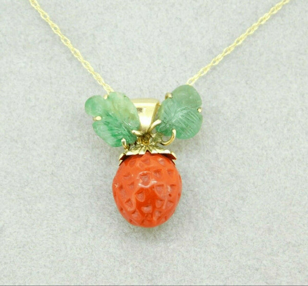 14k Gold Coral Strawberry Pendant Carved Emerald Leaves (#J4446)